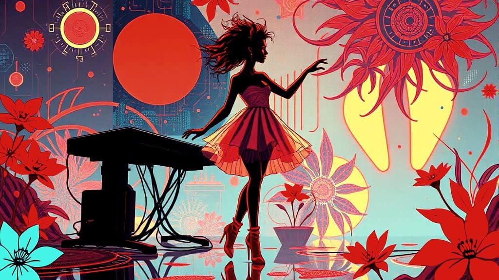 Cybernetic Dancer in a Sci-Fi Papercut Style