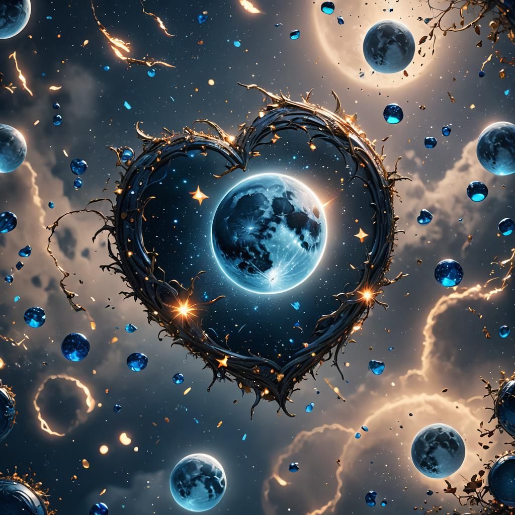 Magical Blue Moon with Heart Sparks, Digital Art