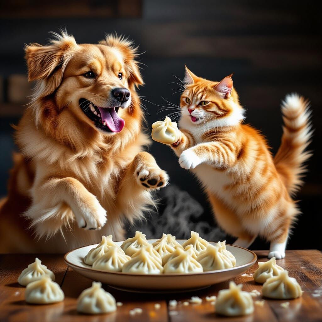 Comical Dog and Cat Battle Over Dumplings in 3D Anime Style