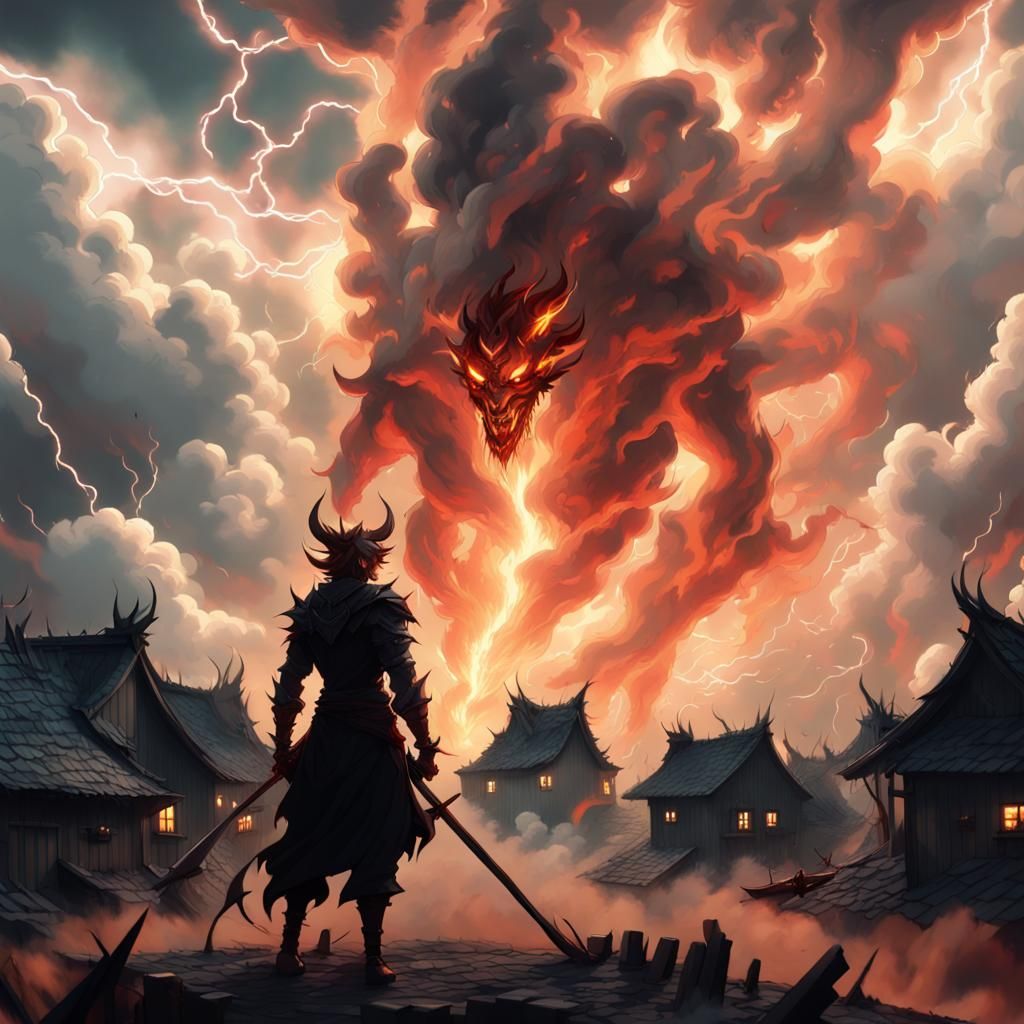 Warrior vs Cloud Demon in Anime Style