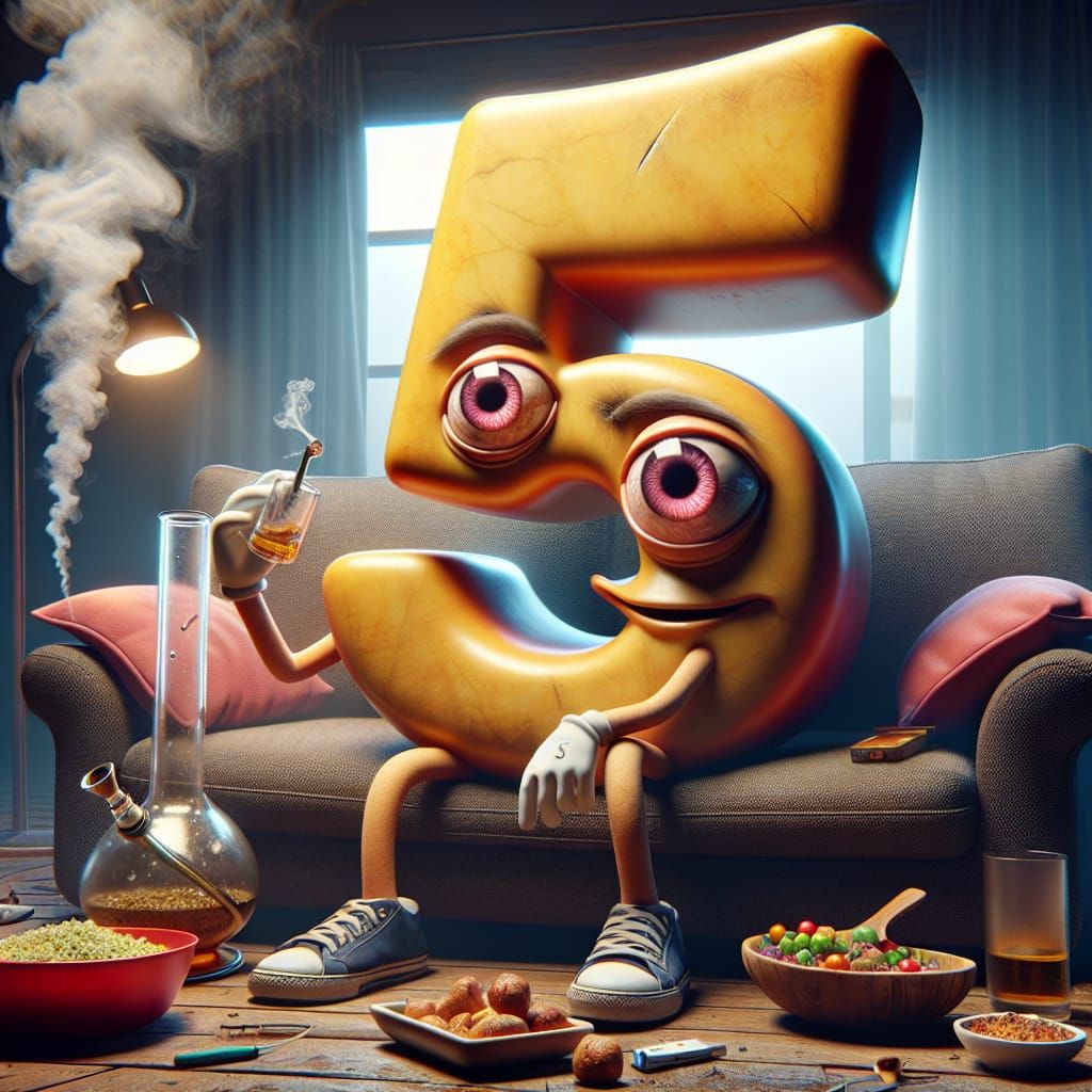 Anthropomorphic Number 5 Smoking in Fantasy Setting