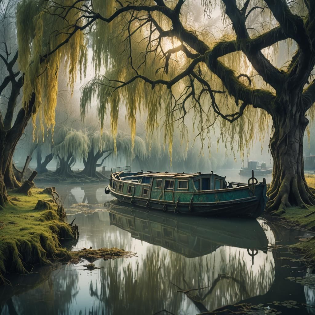 Misty Canal Boat Fantasy Art