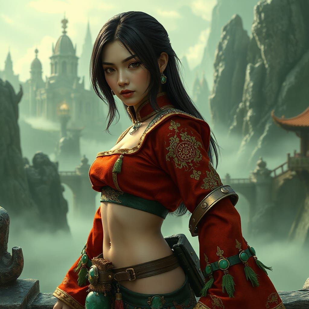 Powerful Female Warrior in Fantasy Cityscape with Ancient My...
