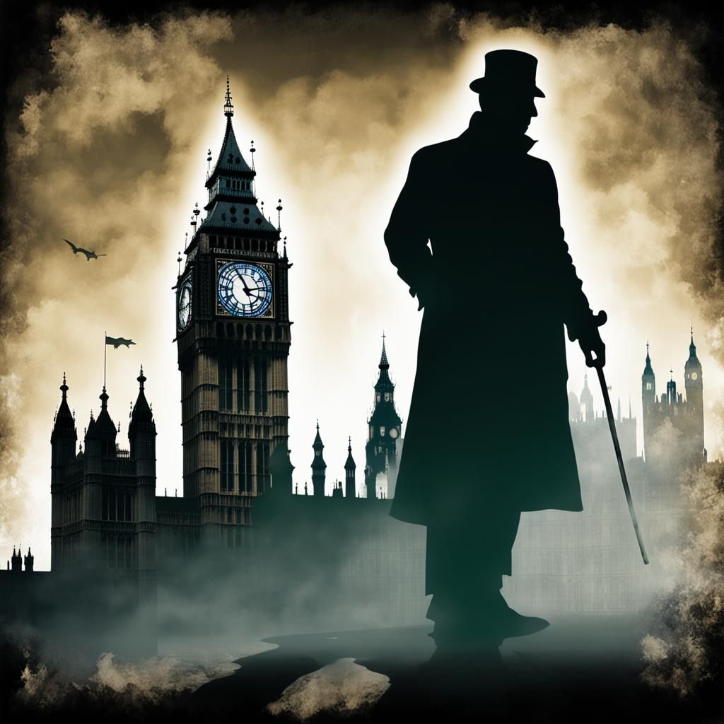 Sinister Silhouette of Sherlock Holmes with London Landmarks