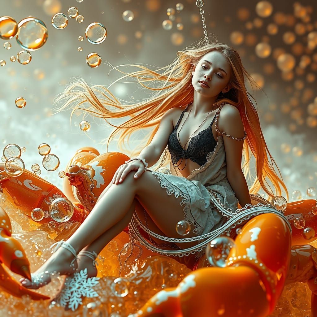 Girl on Gummy Crab in Effervescent Sea, Digital Art