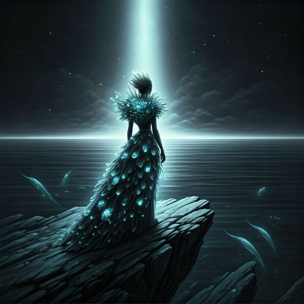 Figure in Bioluminescent Fashion on Starlit Ocean Cliff