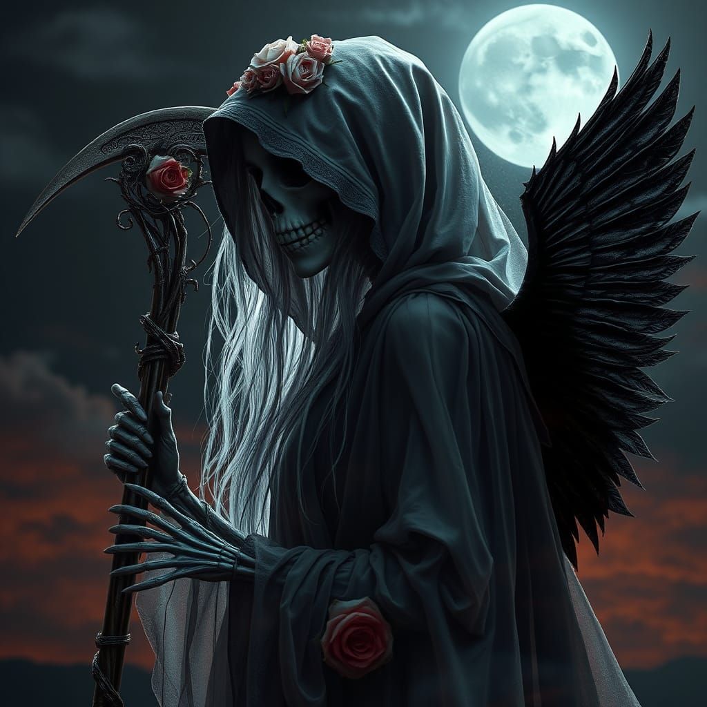 Ethereal Grim Reaper in Dark Midnight Sky