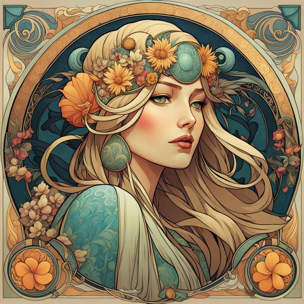 Floral Woman: Art Nouveau Cartoon Portrait