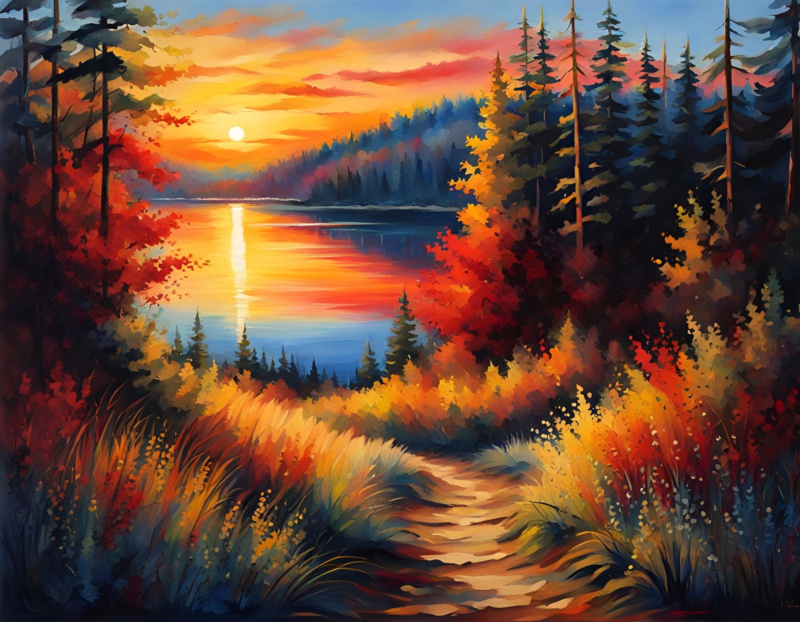 Sunset Forest Path to Lake: Oil and Watercolor Masterpiece