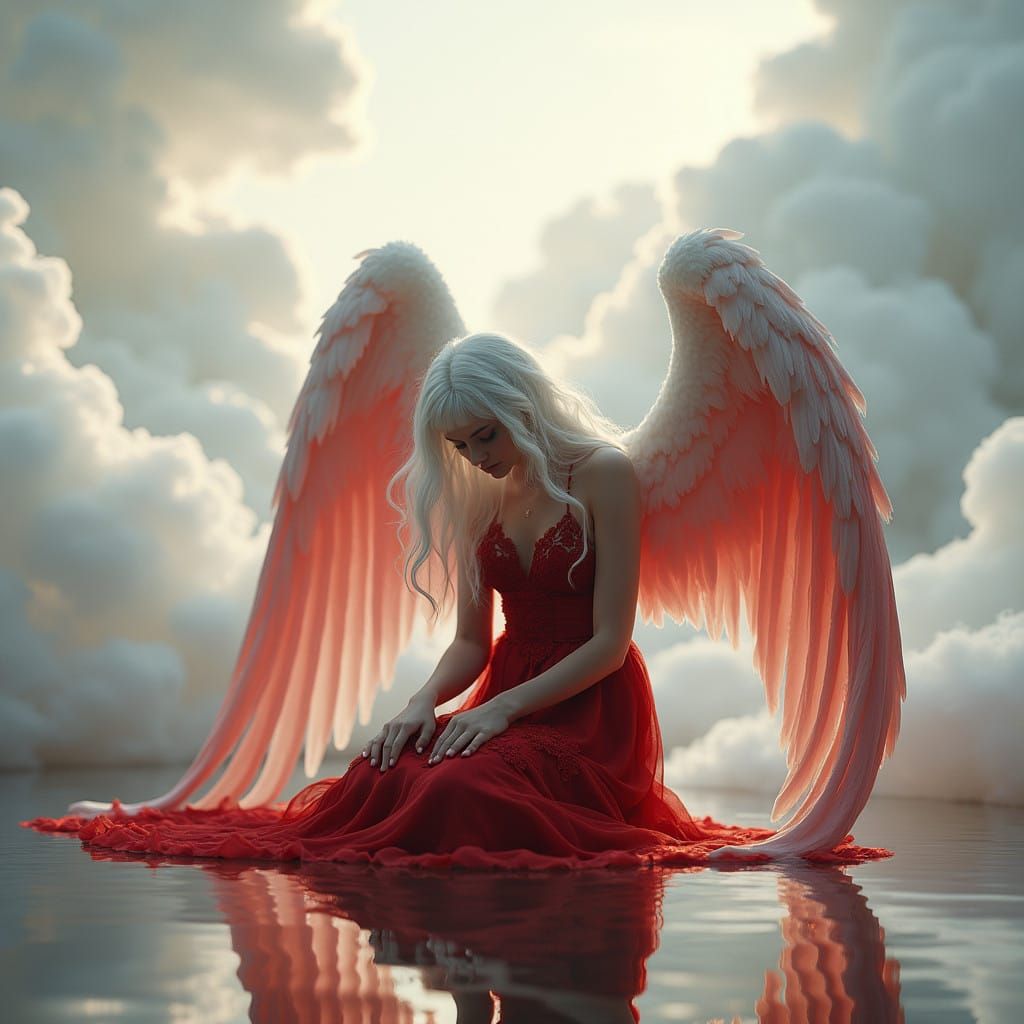 Ethereal Angel on Reflective Ground in a Heavenly Atmosphere