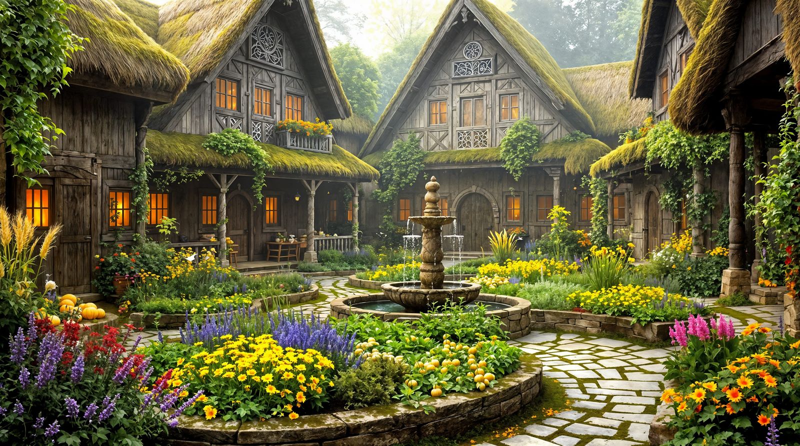 Norse Village Courtyard Scene in Earthy Hues