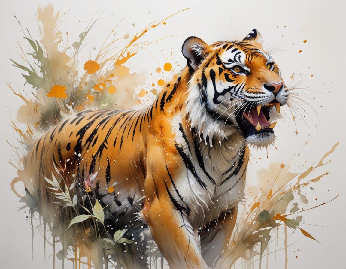 Bengal Tiger Roaring in River Spray, Watercolour Style