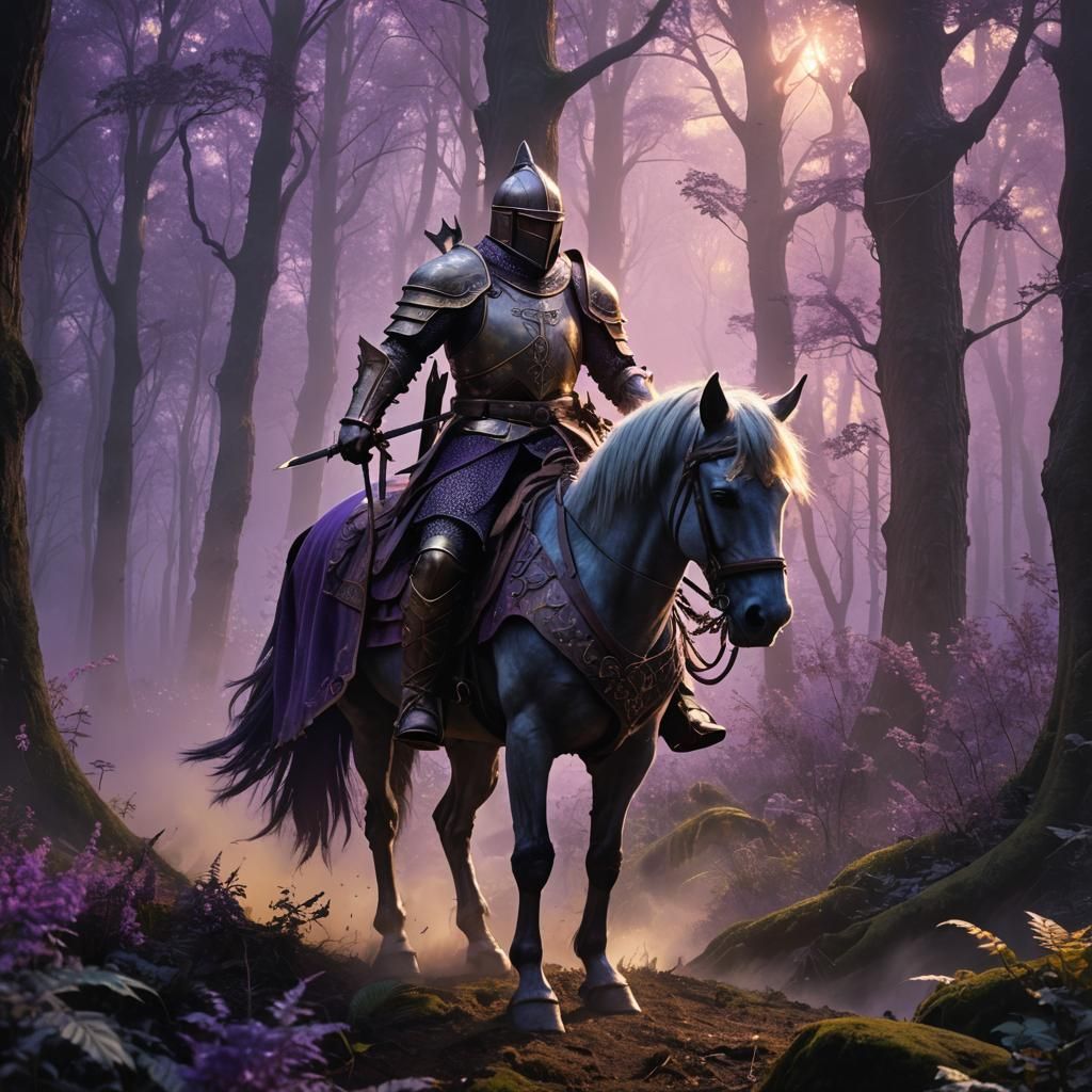 Knight on Warhorse in Mystical Forest, Digital Painting