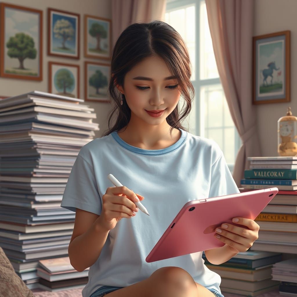 Asian Woman Writes on Tablet in Cozy Pastel Room