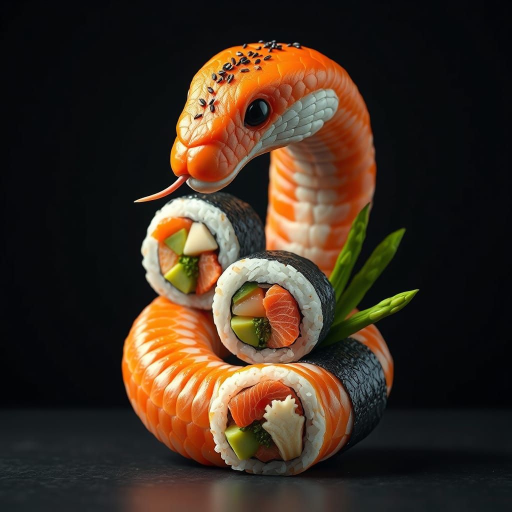 Hyper-Realistic Sushi Sculpture of Coiled Snake