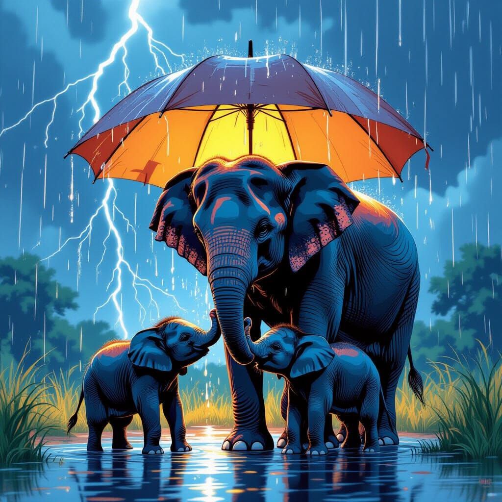 Elephant Mother and Calves in Summer Rain, Comic Book Art