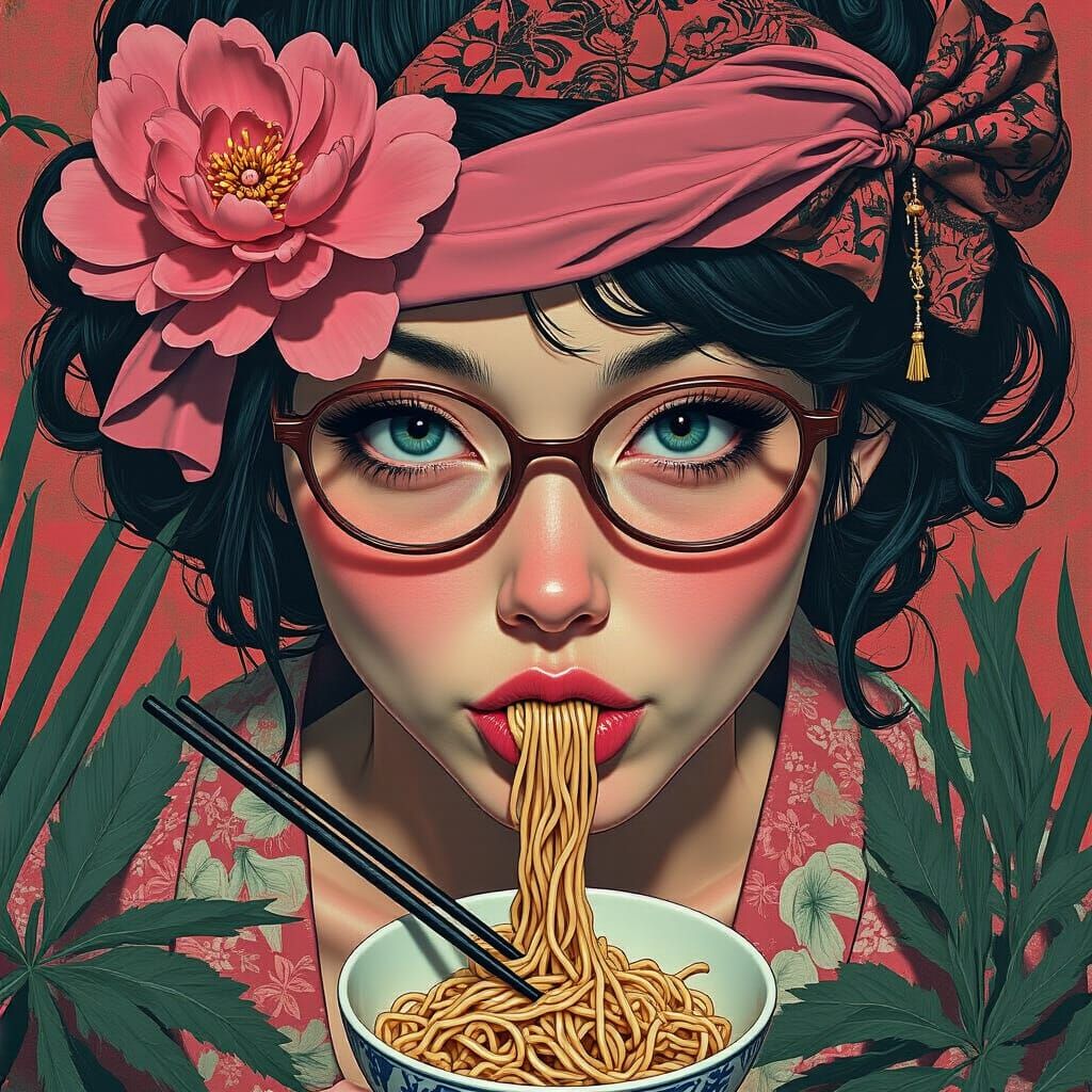 Woman Indulgently Eating Noodles in Vibrant, Decadent Style