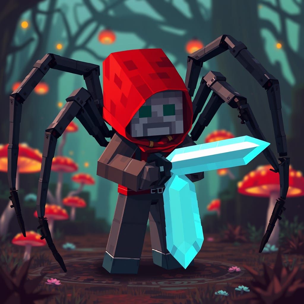 Blocky Pixel Spider in Mystical Mushroom Forest