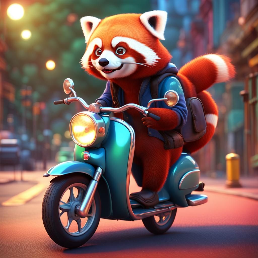 Red Panda Rides Moped in Pixar-Style 3D Art