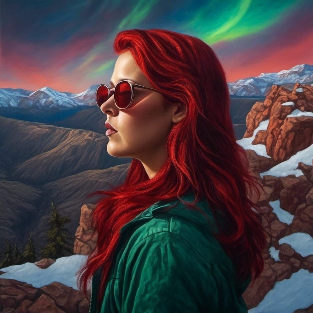 Red-Haired Woman Gazing at Northern Lights