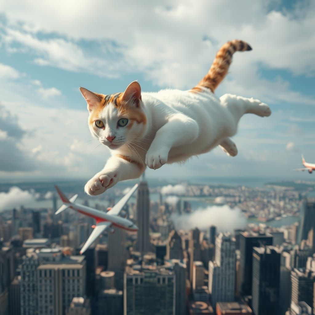 Surreal White Cat Defies Gravity in Cyberpunk Cityscape