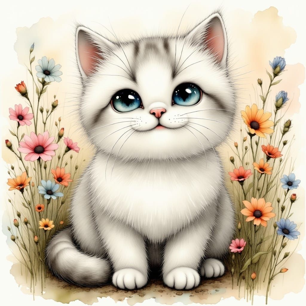 Whimsical Fantasy Cat in Wildflowers