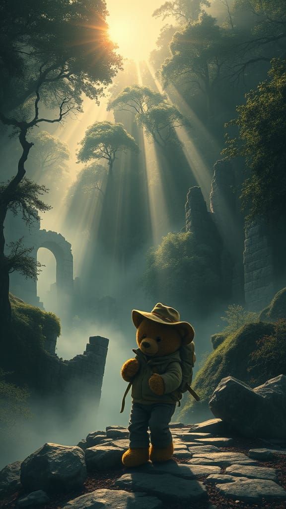 Teddy Bear Hitchhiker in Misty Ruined City