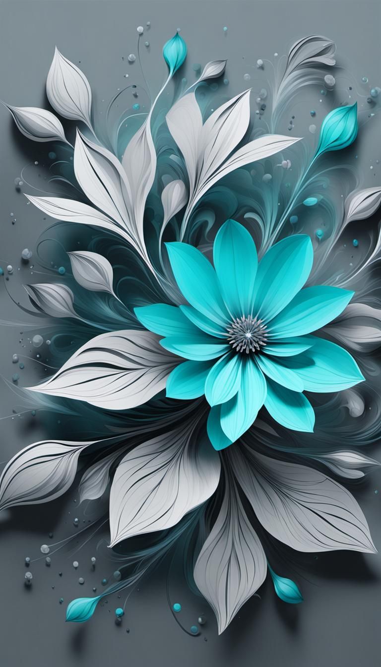 Minimal Ethereal Floral Art in Cyan and Grey