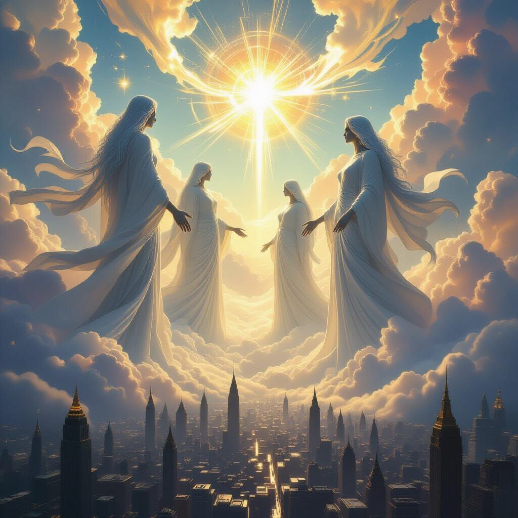 Celestial Gods Oversee Human City in Surreal Landscape