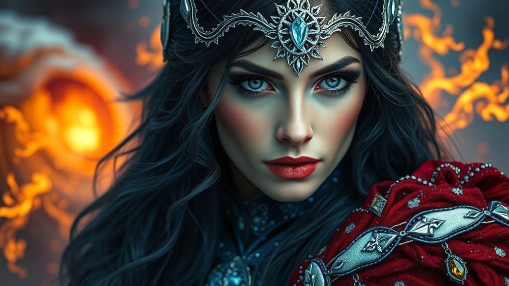 Regal Woman in Icy Blue and Fiery Red Armor