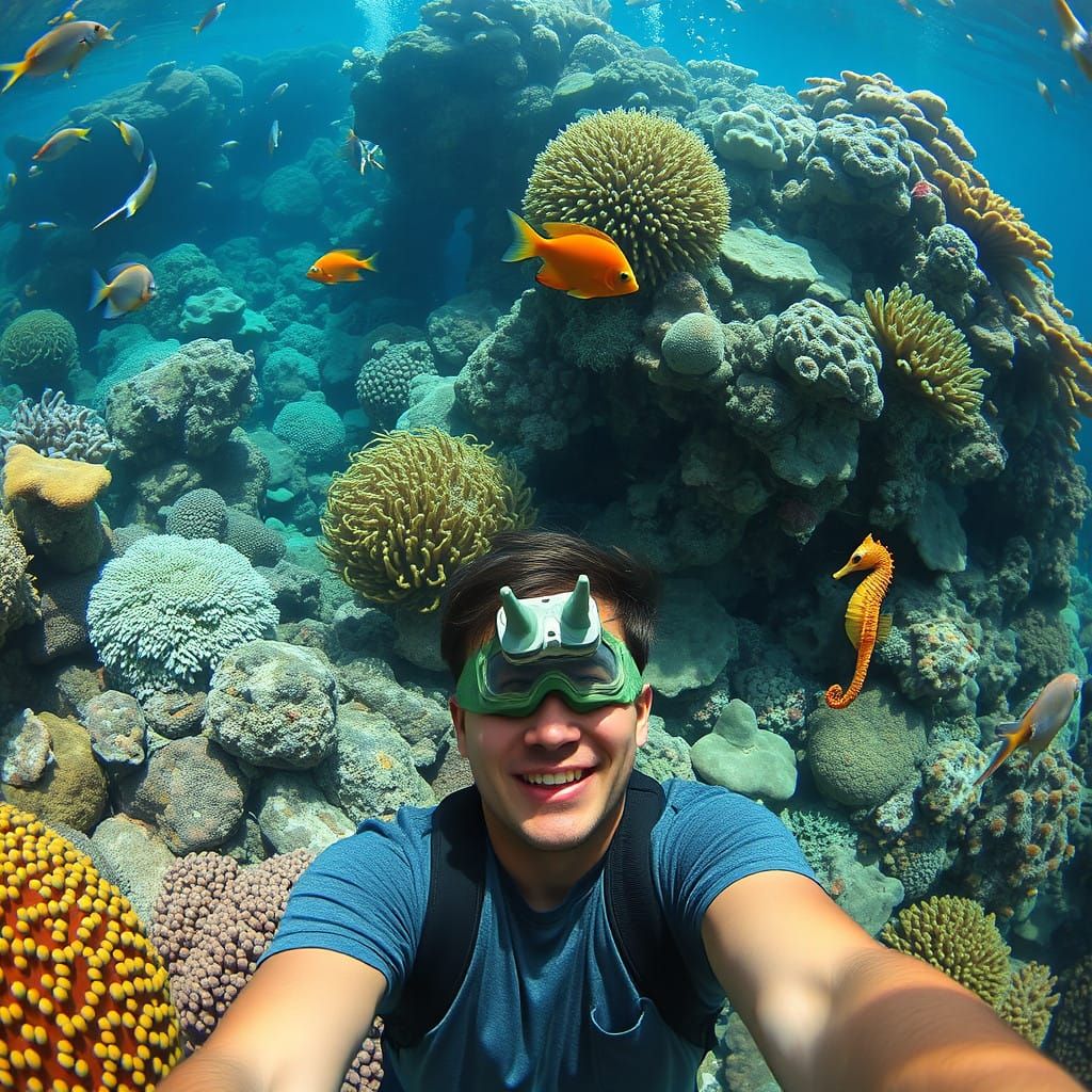 Vibrant Underwater Scene with Sculptures and Marine Life in...