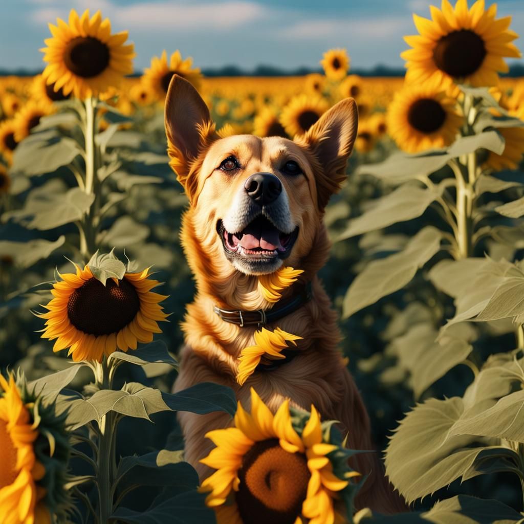 Dog in Sunflower Field: Detailed Matte Painting