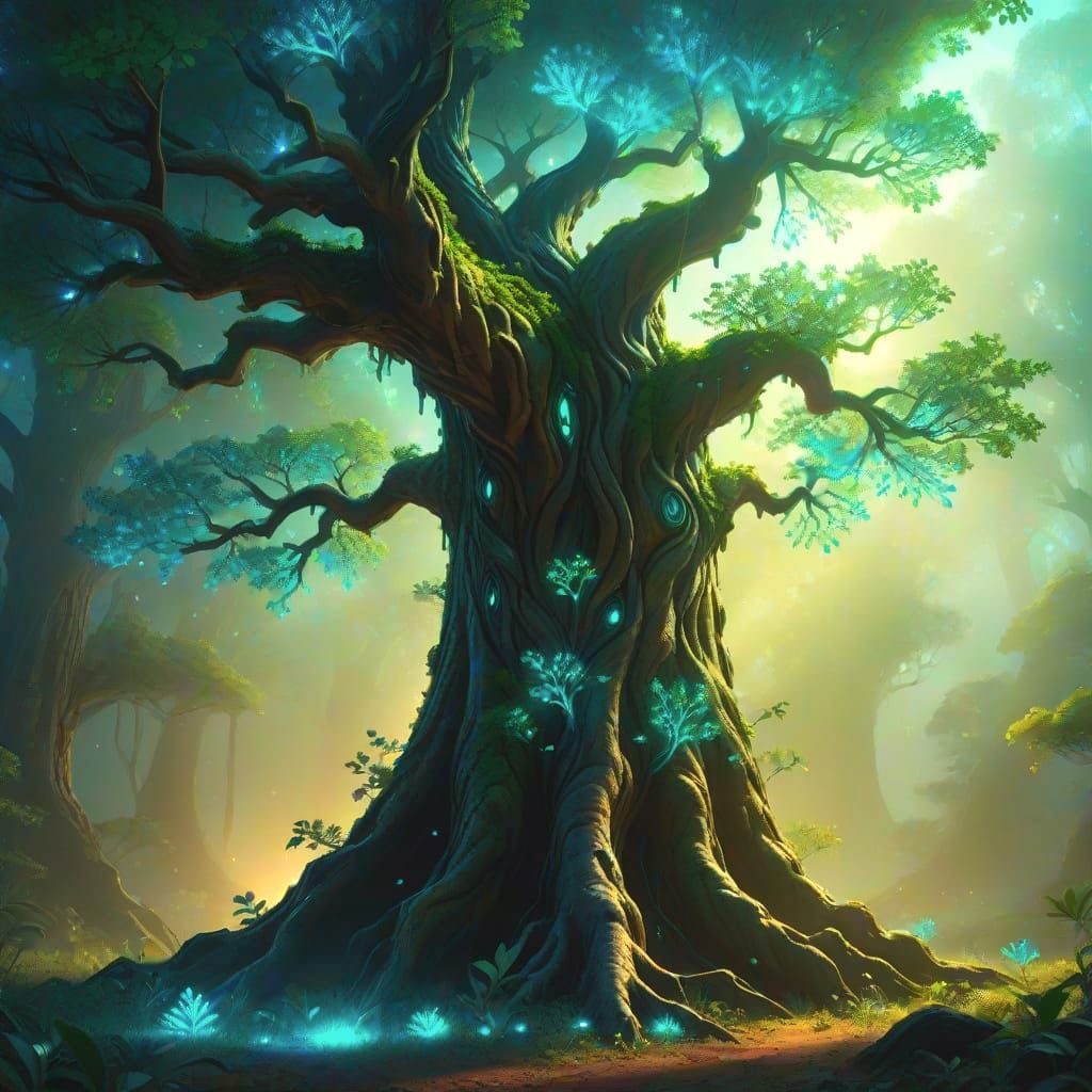 Majestic Ancient Tree With Bioluminescent Leaves