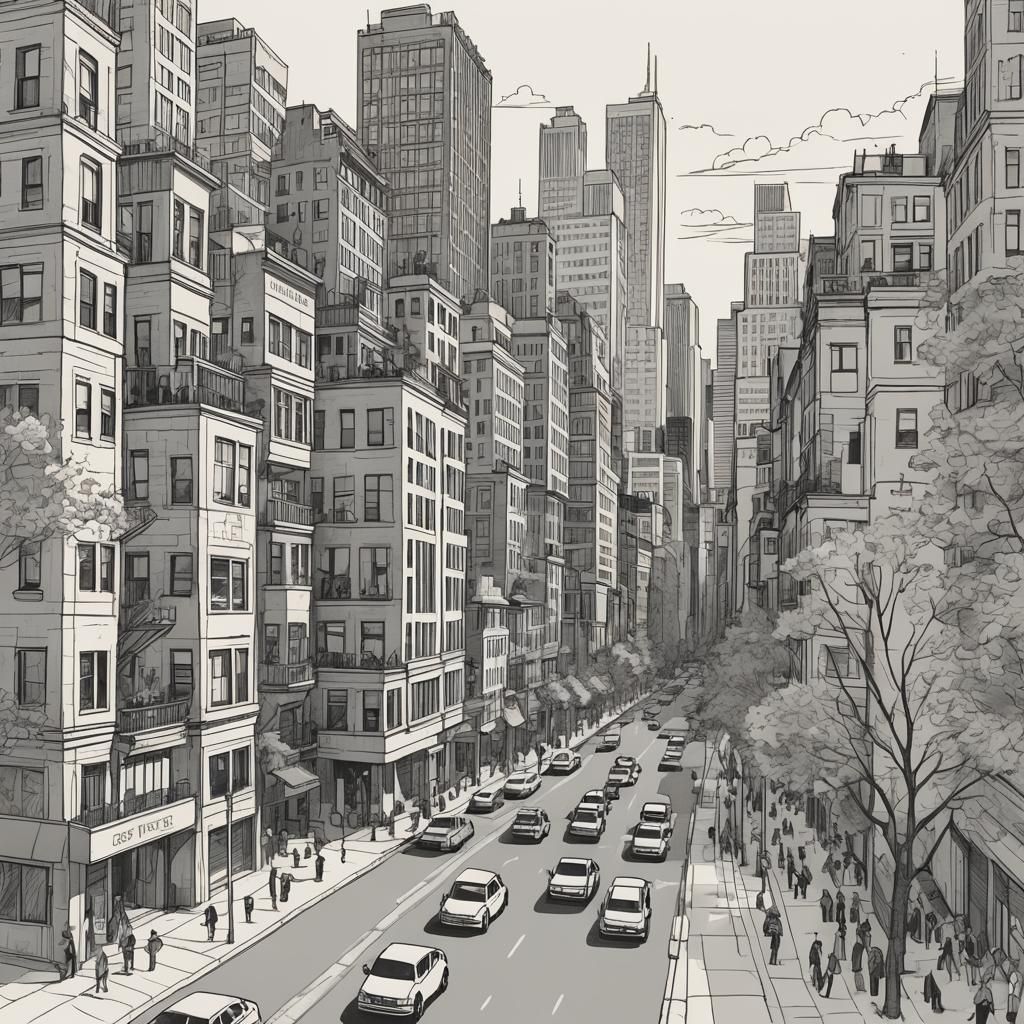 Cityscape Line Drawing with People and Cars