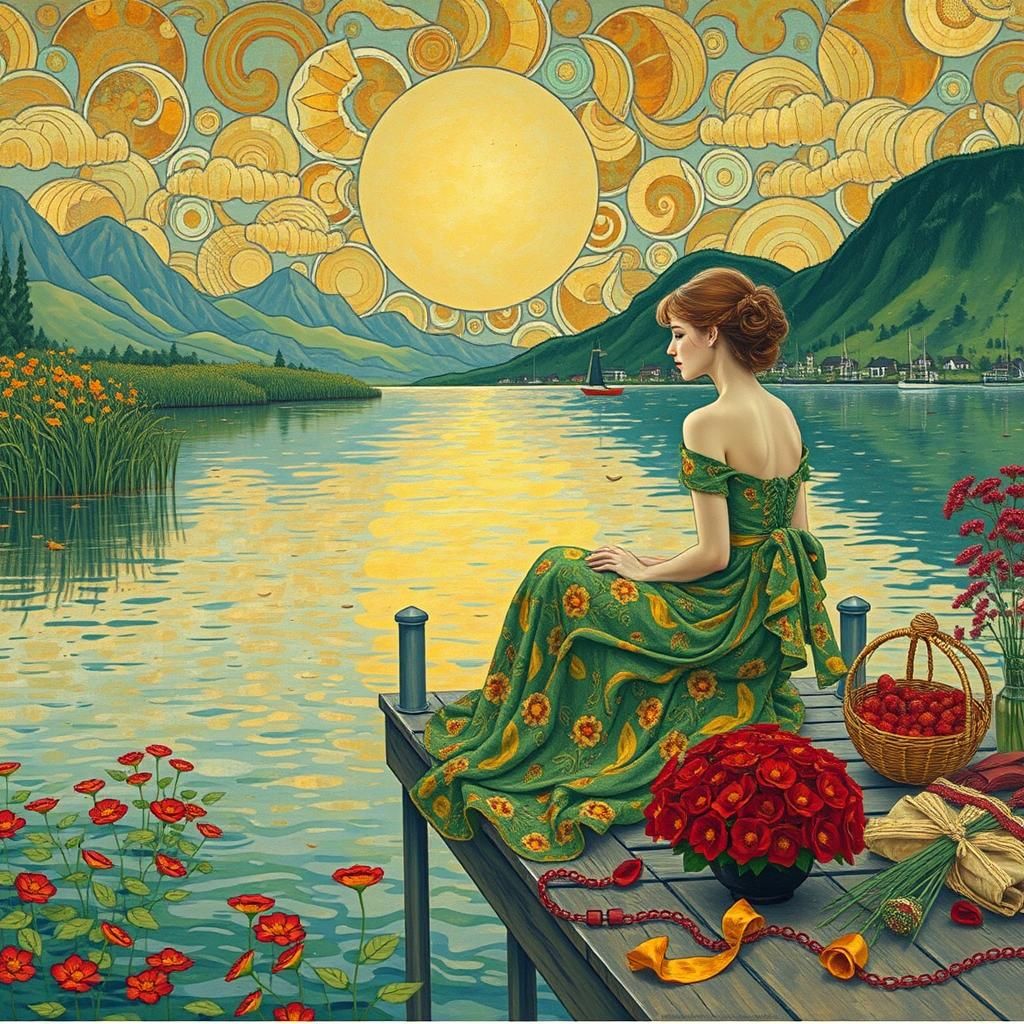 a work of art in the Gustav Klimt style, ""A beautiful woman in a long green dress sitting on the edge of a lake dock lo...