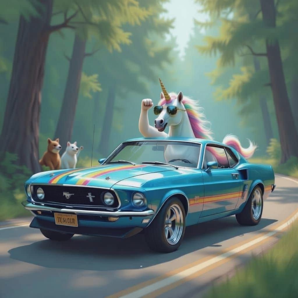 Blue 1969 Mustang Driven by Unicorn with Forest Friends