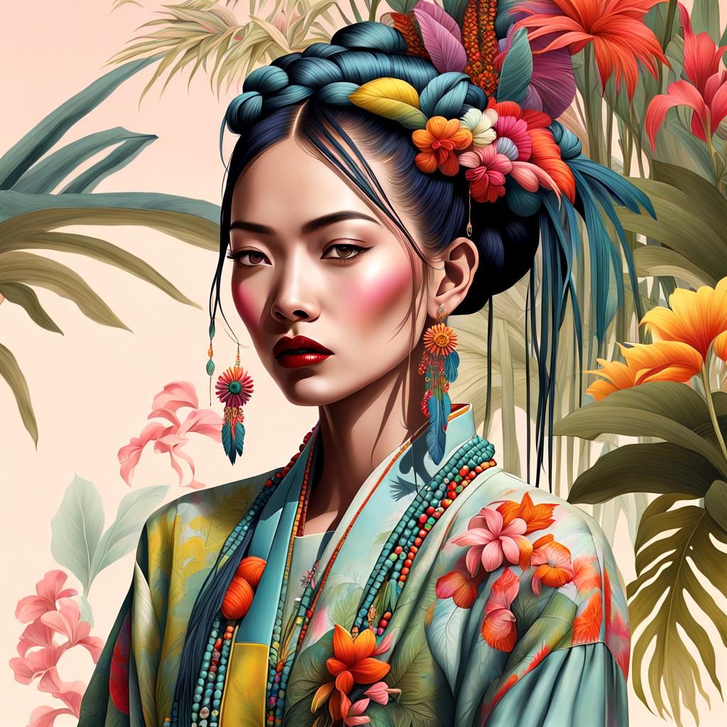 Asian Woman in Colorful Clothes, Digital Comic Art
