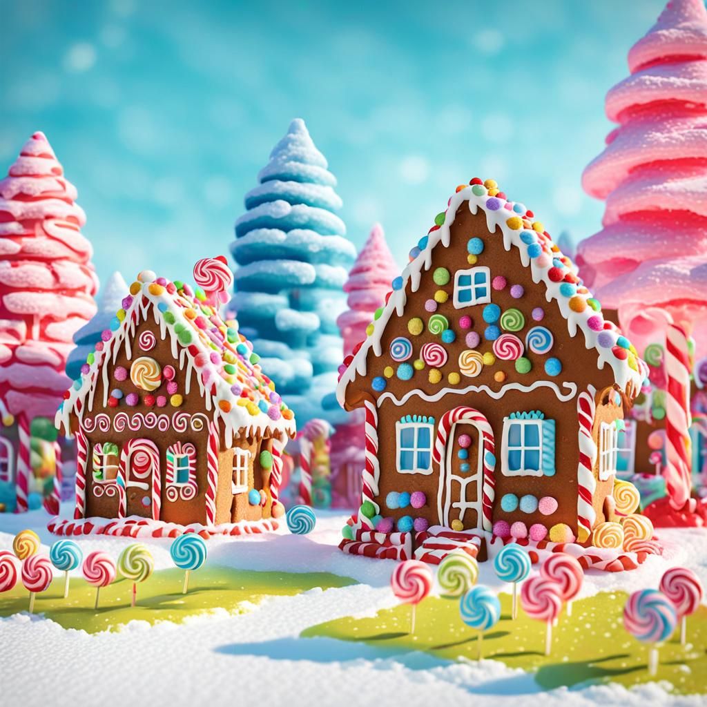 Colorful Gingerbread Houses in Candy Art Style