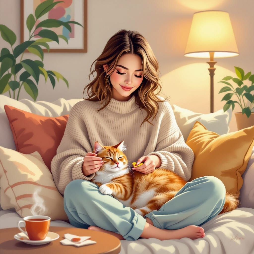 Woman and Ginger Cat in Impressionist Gouache Style