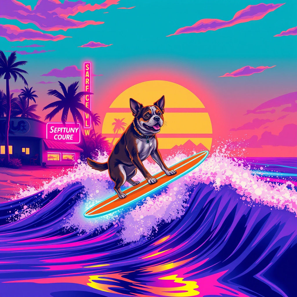 Dog Surfing Synthwave Wave in Retro Beachscape
