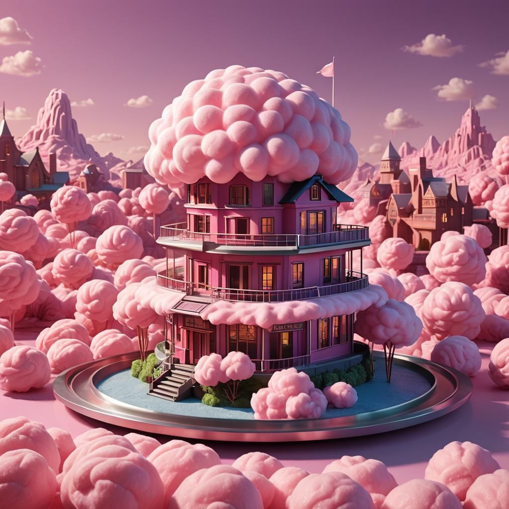 Pink Cotton Candy House: Frank Lloyd Wright Inspired 3D Art