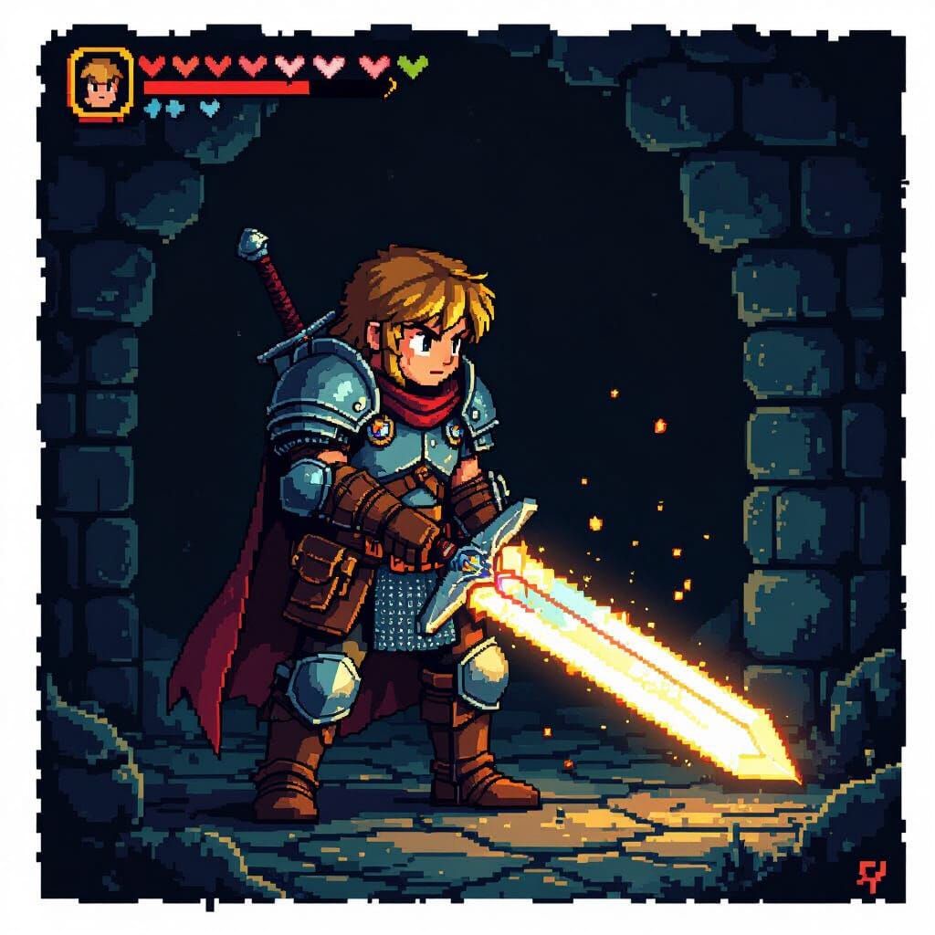 8-Bit Hero with Glowing Sword in Dungeon