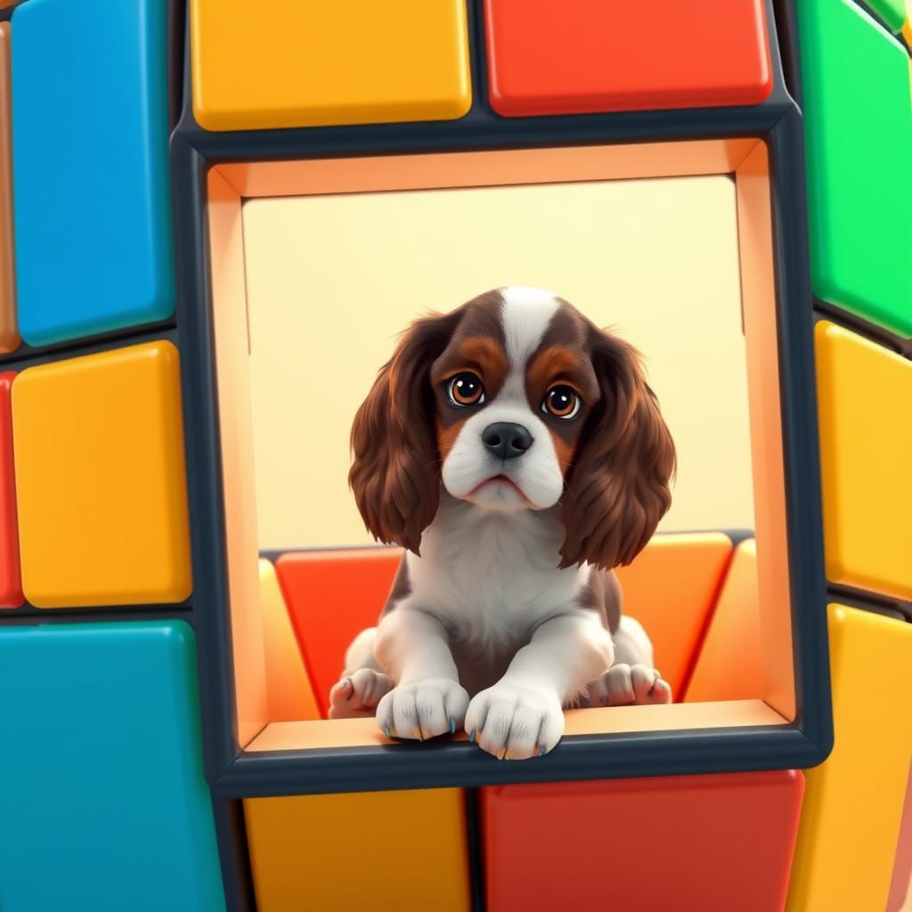 Cavalier King Charles Spaniel in Whimsical Rubik's Cube Wond...