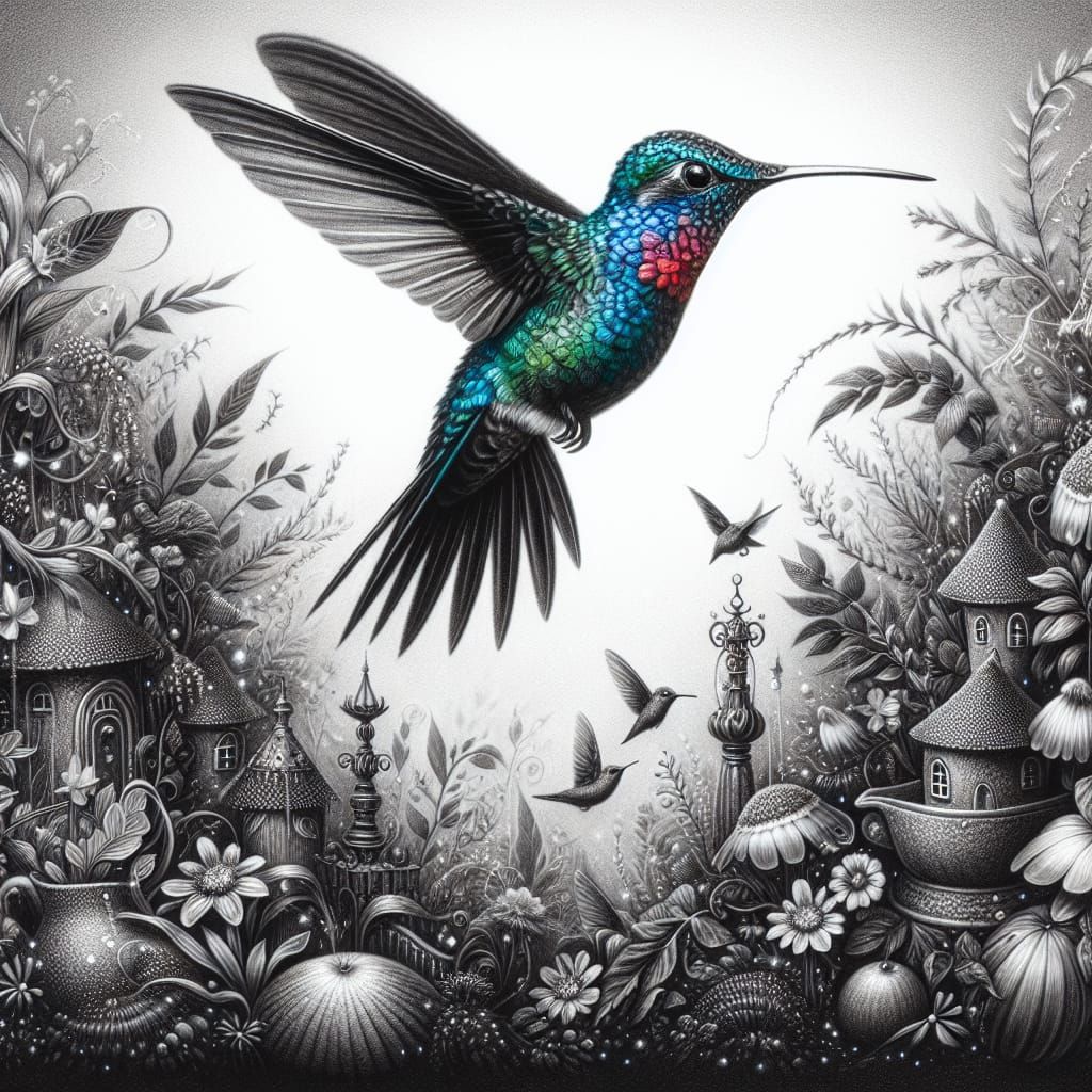 Hummingbird in Black and White Fairy Garden