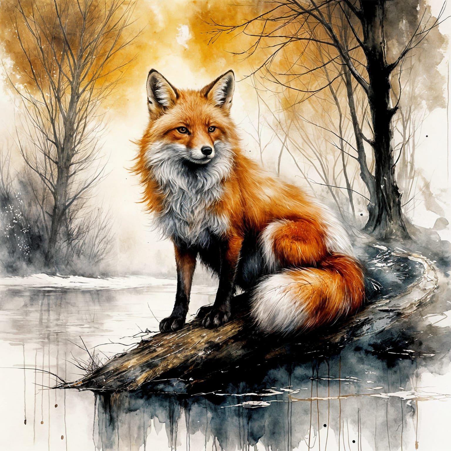 Cute Fox on Frozen Lake in Golden Alcohol Ink Style