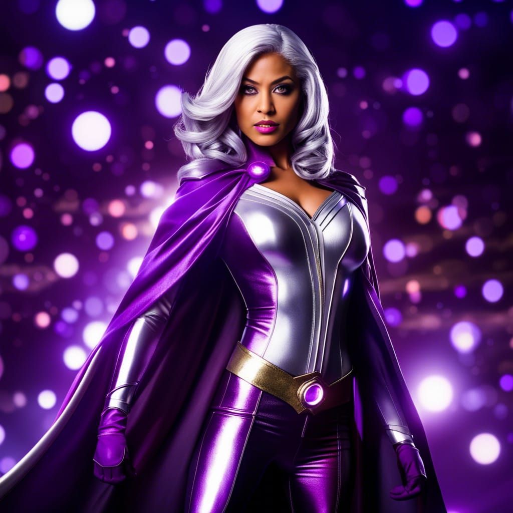 Female psychic superhero, silver and purple, epic, Professio...