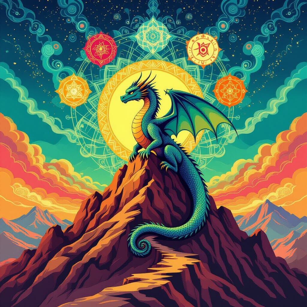 Teal Dragon on Mount Sinai: Abstract Vector Art