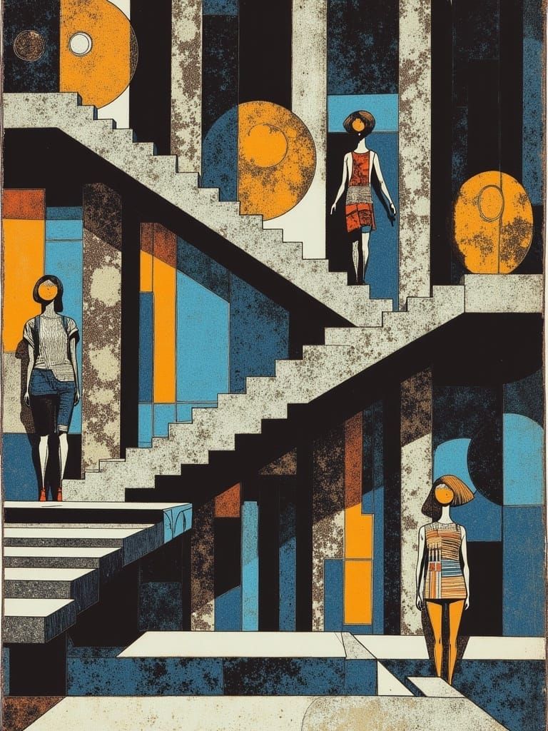 Vibrant Abstract Staircase in Escher-Inspired Pop Art Style