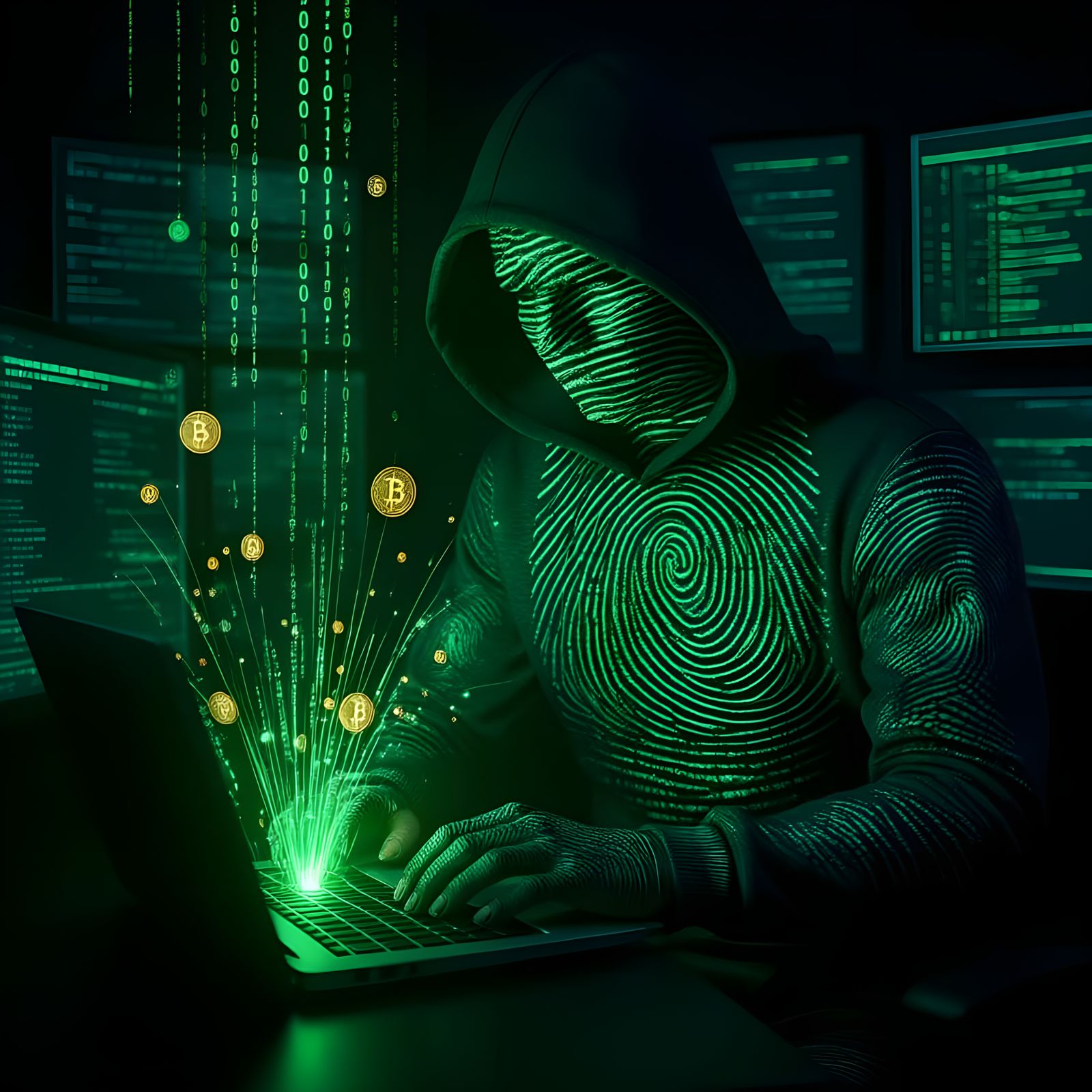 Hacker Silhouette Formed by Fingerprints in Cyberpunk Room