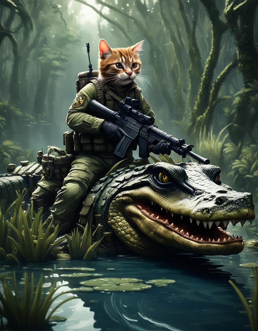 Tactical Cat Rides Alligator in Swamp: Detailed Matte Painti...
